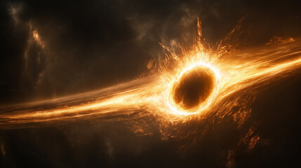 Wall Mural - Celestial Ring of Fire: A mesmerizing cosmic phenomenon, a fiery ring of energy encircles a dark celestial body, radiating intense heat and light against the backdrop of deep space.
