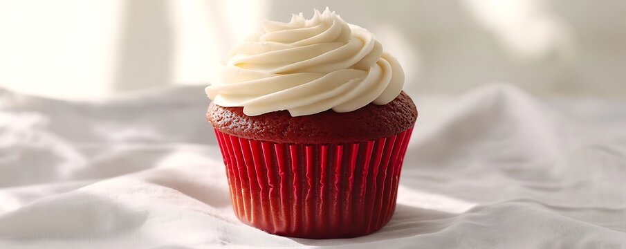 A beautifully presented red cupcake with elegant white frosting set against a bright white backdrop