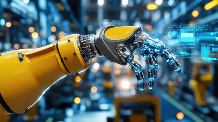 Poster - robotic arm performing task in modern industrial setting, showcasing advanced technology and precision. scene highlights automation and innovation in manufacturing