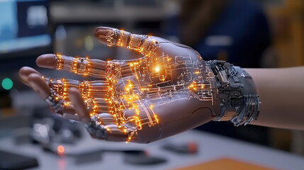 Poster - close up of robotic hand showcasing intricate machinery and glowing circuits, symbolizing advanced technology and innovation. detailed design highlights fusion of art and engineering