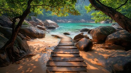 Poster - Rustic wooden walkway leading to a secluded tropical beach Tropical Stock Photo with side copy space
