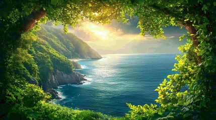 Poster - Secluded tropical bay framed by cliffs and lush greenery Tropical Stock Photo with side copy space