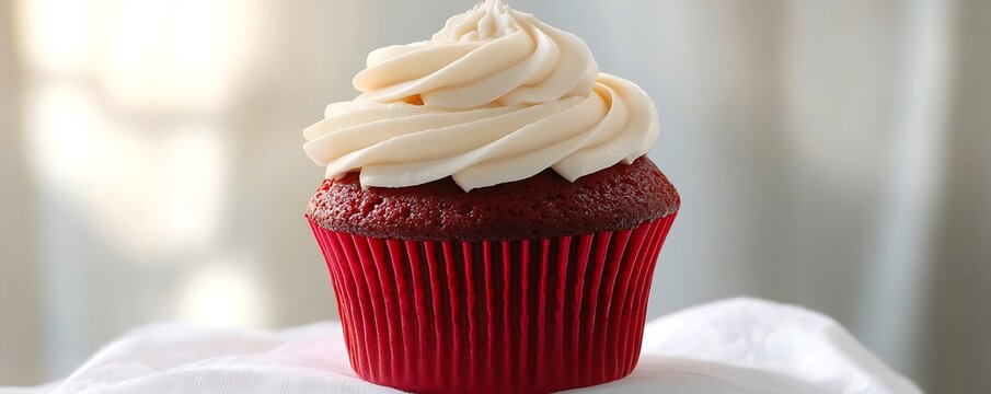 A beautifully presented red cupcake with elegant white frosting set against a bright white backdrop