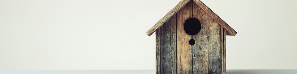 Wooden birdhouse in a photorealistic studio shot on a white backdrop, showcasing detailed textures and high-resolution clarity.