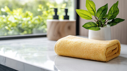 Poster - close up of soft yellow towel on marble countertop, surrounded by greenery and decorative plant. scene evokes sense of relaxation and luxury