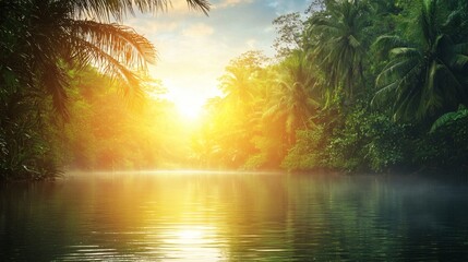 Aufkleber - Shimmering tropical pond surrounded by dense jungle vegetation Tropical Stock Photo with side copy space