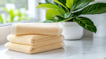 Poster - Soft, textured towels stacked neatly beside lush green plant, creating serene and inviting atmosphere. Perfect for spa like experience at home