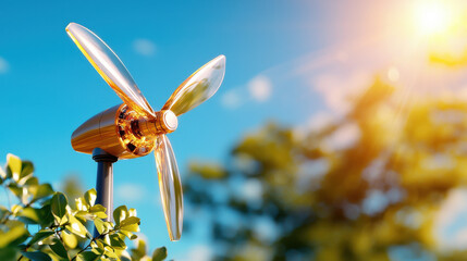 Poster - close up of wind turbine blades spinning in sunlight, showcasing renewable energy technology against clear blue sky. scene evokes sense of sustainability and innovation
