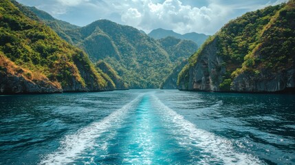 Poster - Peaceful tropical bay surrounded by green cliffs and calm waters Tropical Stock Photo with side copy space