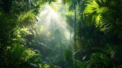 Aufkleber - Lush tropical rainforest with sunlight streaming through dense foliage Tropical Stock Photo with side copy space