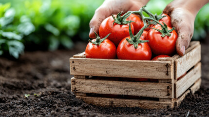 Wall Mural - Freshly harvested tomatoes in wooden crate, showcasing vibrant red color and earthy soil. hands gently hold crate, emphasizing connection to organic farming