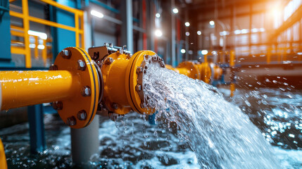 Poster - Water flows from valve in hydroelectric plant, showcasing vibrant orange pipes and industrial setting. scene captures power of renewable energy in action