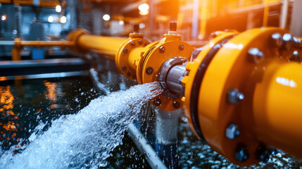 Poster - close up of yellow industrial pipe releasing water in facility, showcasing flow and pressure dynamics. scene highlights engineering behind water management