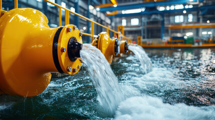 Poster - Close up of yellow valves releasing water in hydroelectric plant, showcasing powerful flow and industrial setting. scene captures essence of energy production