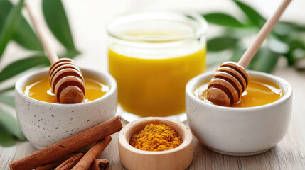 Poster - close up of honey in bowls with cinnamon sticks and turmeric powder, showcasing natural ingredients for wellness. warm colors evoke sense of comfort and health