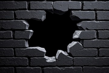 Poster - A dramatic hole in an old black brick wall, showcasing texture and depth, perfect for backgrounds and creative designs.