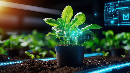 Poster - close up of green plant growing in pot, showcasing advanced agricultural technology with digital elements. vibrant leaves symbolize growth and innovation in farming