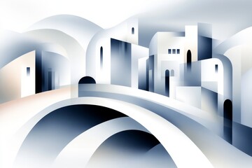 Aufkleber - A stylized design of the Rialto Bridge, depicted with bold outlines and simple geometric shapes in soft gray and white tones