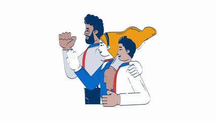 Fototapete - Celebrating team diverse hand drawn whiteboard animation. Teamwork, friendship. Community spirit 4K video. Group smiling people together animated 2D characters doodle art, pencil drawing scribble
