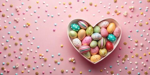 Poster - Heart-shaped bowl filled with colorful decorated eggs surrounded by pastel candies and sprinkles on a pink background
