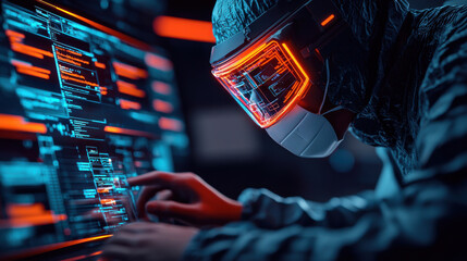 Poster - futuristic hacker wearing high tech visor and mask interacts with glowing screens filled with data. scene conveys sense of advanced technology and cybersecurity