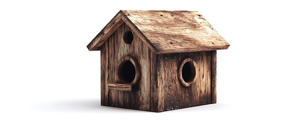 Wall Mural - Wooden birdhouse isolated on a pristine white background, captured in a high-resolution studio shot with detailed textures.