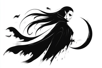 Poster - A stylized silhouette of a vampire with a flowing cloak, framed by a crescent moon in bold, simple lines