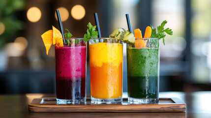 Poster - Colorful juice flight featuring vibrant blends of beet, ginger, and green vegetables, served in tall glasses with garnishes. refreshing and healthy beverage option