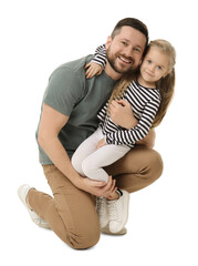 Wall Mural - Happy father and his cute little daughter on white background