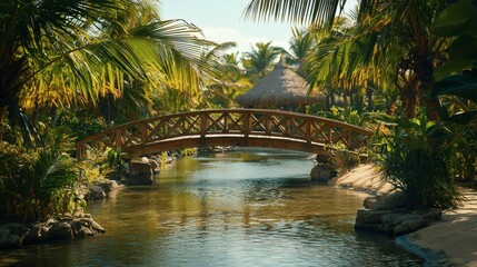 Poster - Small wooden bridge over a creek in a vibrant tropical jungle Tropical Stock Photo with side copy space