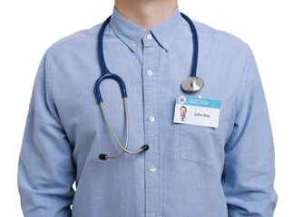 Wall Mural - Doctor with badge on white background, closeup