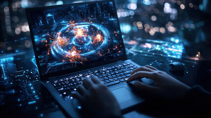 Leinwandbilder - person using laptop to engage in cross platform gaming with vibrant graphics and digital effects. scene is illuminated by city lights, creating futuristic atmosphere