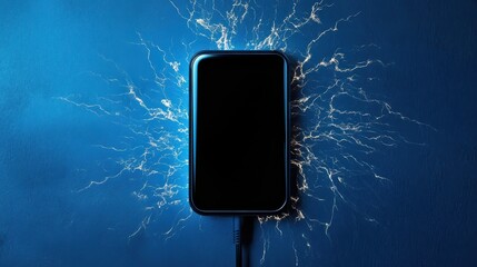 Poster - a smartphone charging with electrical sparks on a blue background, symbolizing energy and technology