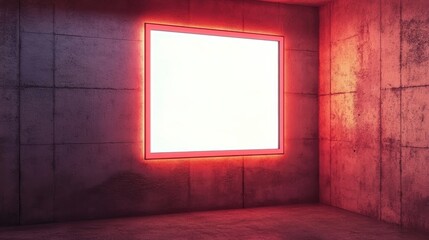 Poster - a modern, illuminated empty room with a bright neon frame, perfect for creative backgrounds or desig