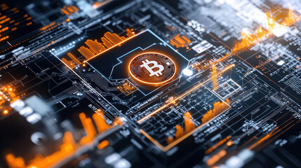 Fototapete - digital representation of cryptocurrency technology featuring Bitcoin symbol surrounded by circuit patterns and data visualizations. This captures essence of modern finance and digital innovation