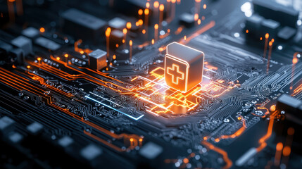 Leinwandbilder - conceptual digital lock symbolizing security features on circuit board, showcasing technology and innovation. glowing elements highlight importance of cybersecurity