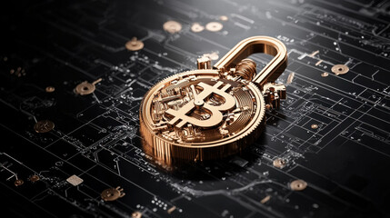 Fototapete - conceptual digital lock symbolizing security features of cryptocurrency, featuring golden Bitcoin symbol. This represents intersection of finance and technology