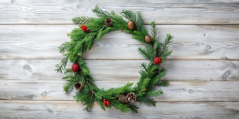 Poster - Rustic Evergreen Wreath with Pinecones and Berries on Weathered Wood