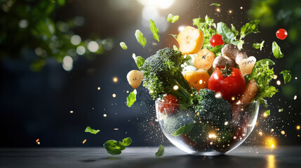 Poster - Fresh vegetables in bowl with vibrant colors and dynamic splashes, showcasing benefits of functional food. healthy lifestyle is emphasized through this colorful display