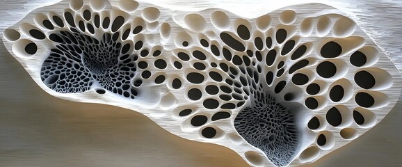 Poster - Abstract porous organic form with deep cavities and varying sized holes.