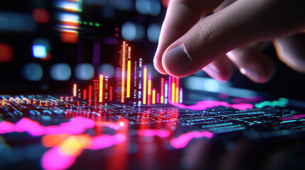 Poster - businessperson analyzing market trends with digital graphs and data visualization. vibrant colors and intricate details reflect dynamic nature of financial analysis