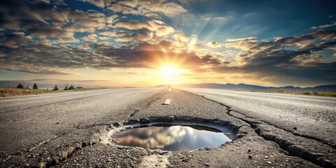 Poster - Sunset over a damaged road with a pothole reflecting the sky