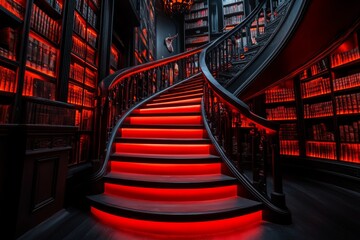 Poster - A vampire's lair hidden in an ornate library, with secret passages and ancient tomes glowing with faint red light