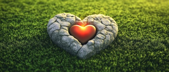 Poster - A beautiful stone heart shape cradling a glowing red heart, set against a vibrant green grass background.