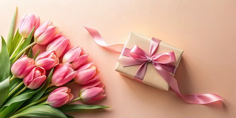 Poster - A delicate pink tulip bouquet and a gift box with a pastel ribbon on a light peach background