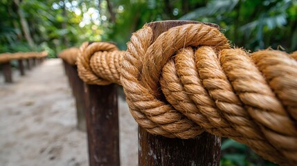 Poster - Coconut fiber ropes tied to wooden poles in a lush rainforest setting Sustainable tropical materials Stock Photo with side copy space