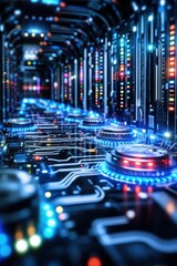 Poster - Futuristic digital tunnel with glowing circuits and lights, showcasing advanced technology and innovation.