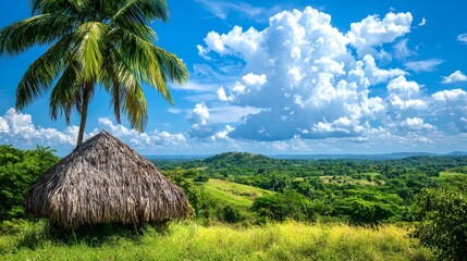 Aufkleber - Eco-friendly palm leaf roof huts blending seamlessly with tropical landscapes Sustainable tropical materials Stock Photo with side copy space