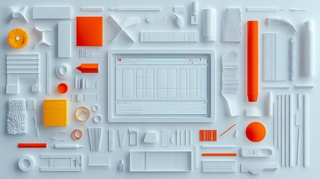 Flatlay of white and orange stationery items surrounding a tablet displaying a website.