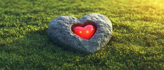Poster - A unique heart-shaped stone with a glowing red heart embedded, set against a vibrant green grass background.
